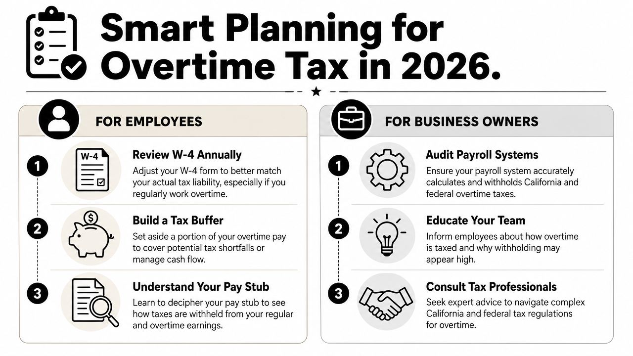 An infographic titled Smart Planning for Overtime Tax in 2026 showing tips for employees and business owners.