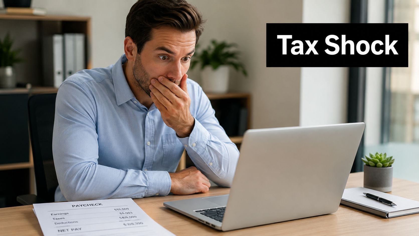 A man looking shocked while reviewing his paycheck and tax documents on a laptop in office.