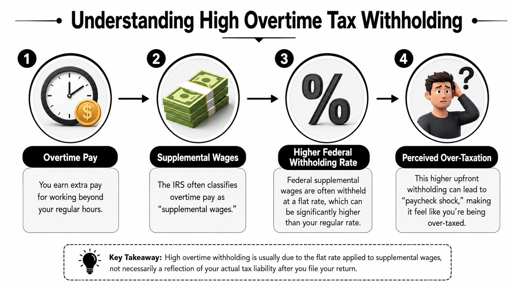 An infographic explaining why federal tax withholding on overtime pay can feel higher than regular wages.