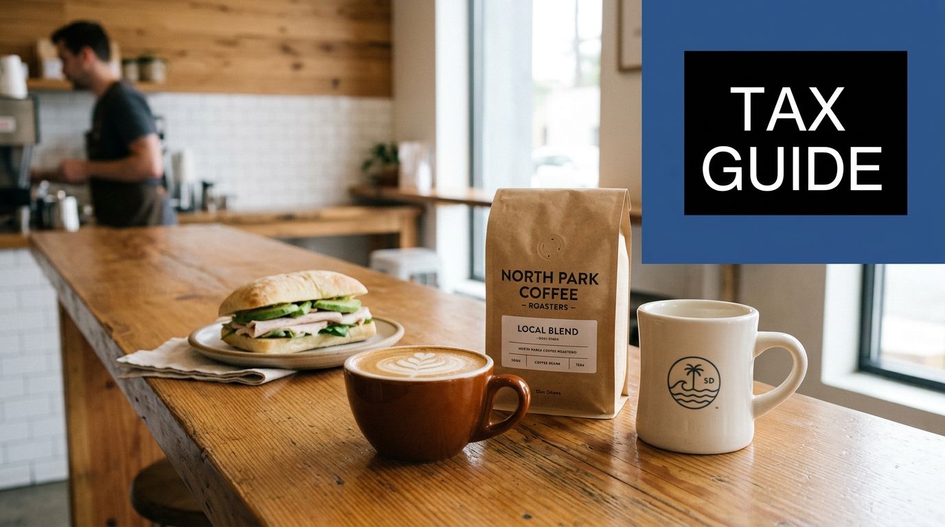 A person preparing coffee behind a wooden counter with a sandwich, coffee cup, and coffee bag.