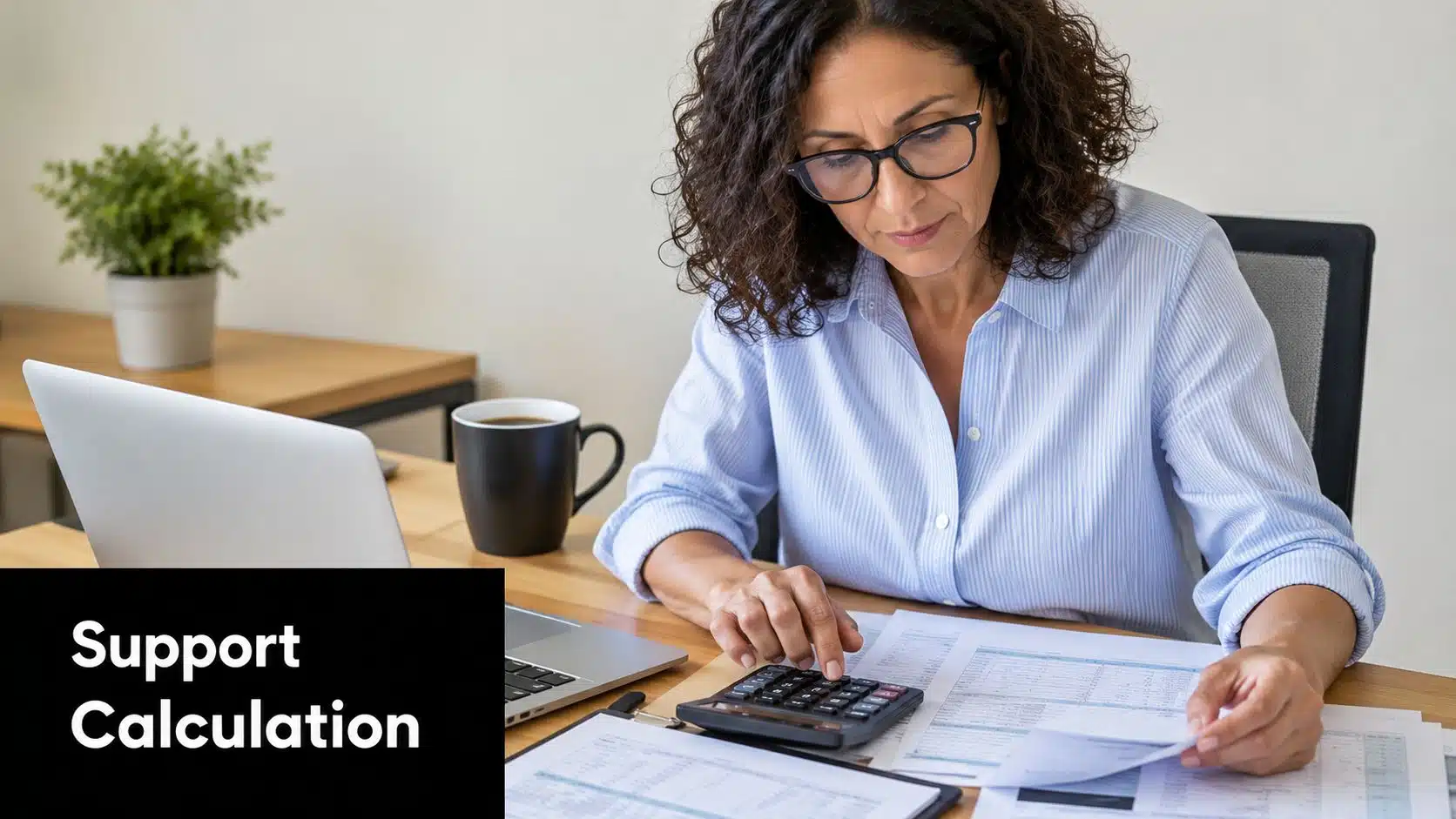 A woman working at her desk with a laptop, calculator, and financial documents to calculate support.