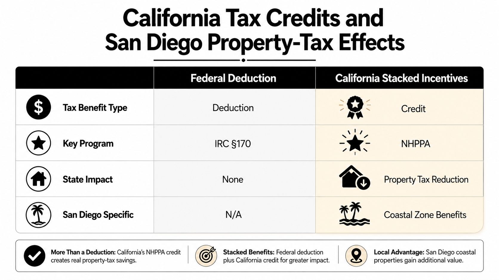 A comparison table outlining the financial advantages of Federal deductions versus California stacked conservation property tax incentives.
