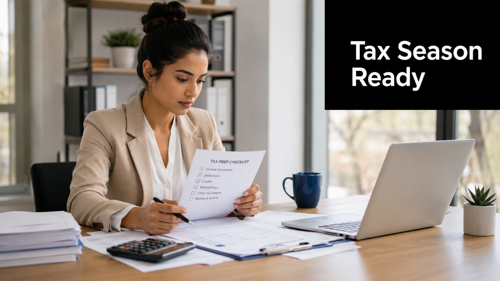 A professional woman in a beige blazer reviews a tax preparation checklist in a bright home office.