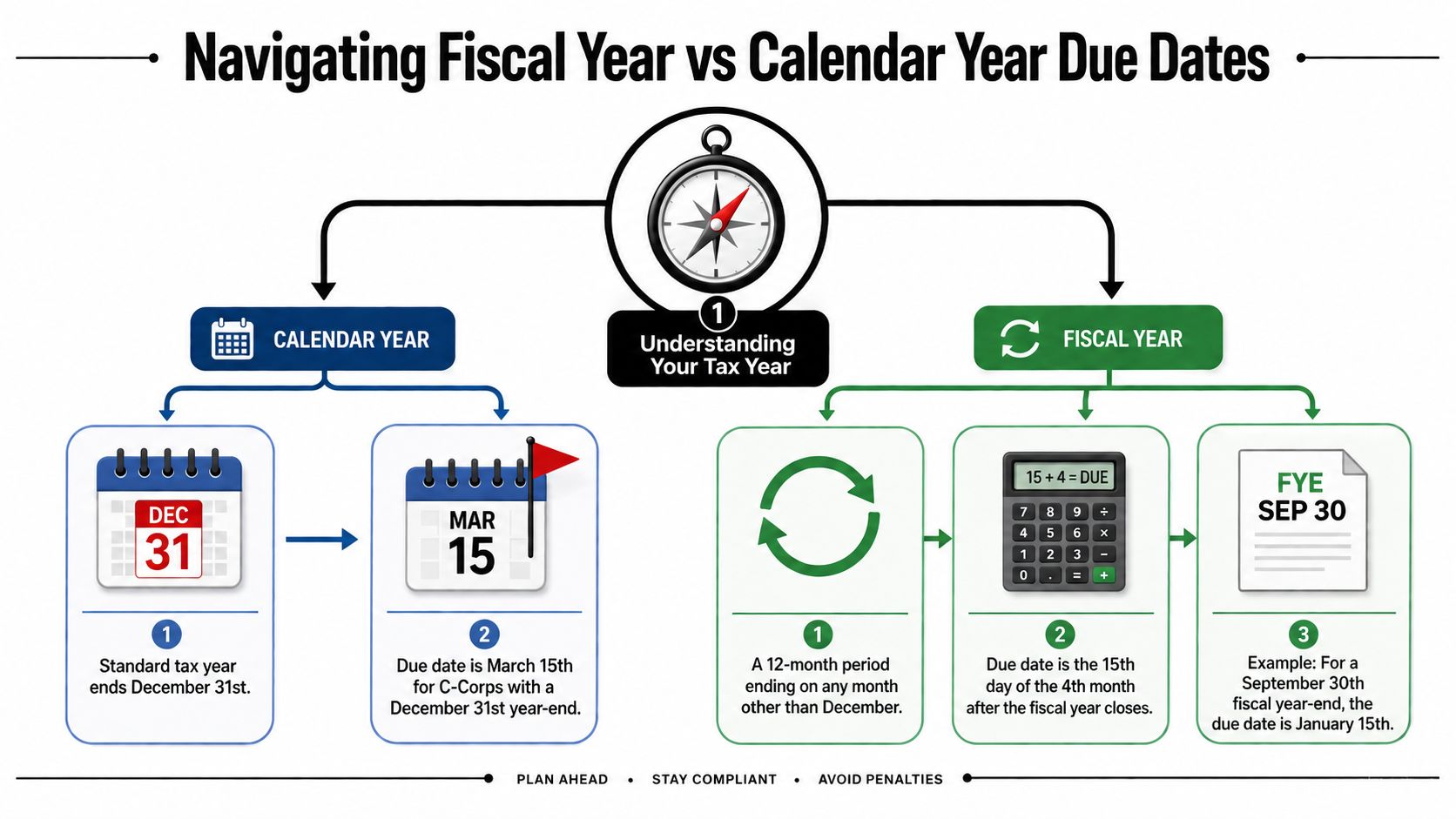 An infographic illustrating the difference between calendar and fiscal year tax deadlines for corporate income tax returns.