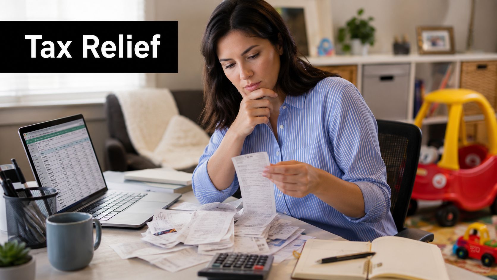 A focused woman reviewing financial receipts at her desk while working on a laptop for tax preparation.