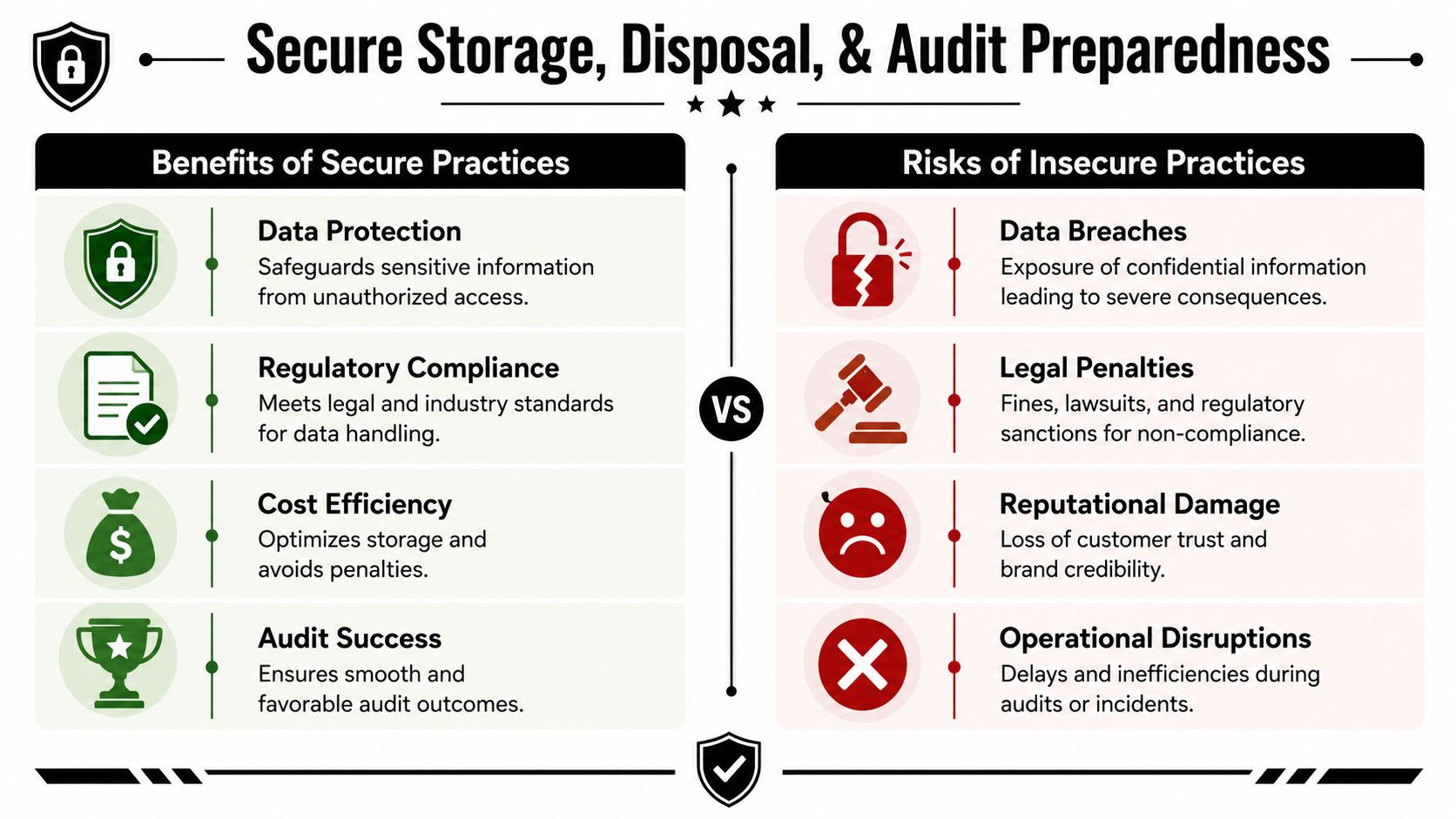 A comparison chart outlining the benefits of secure data storage versus the risks of insecure practices.