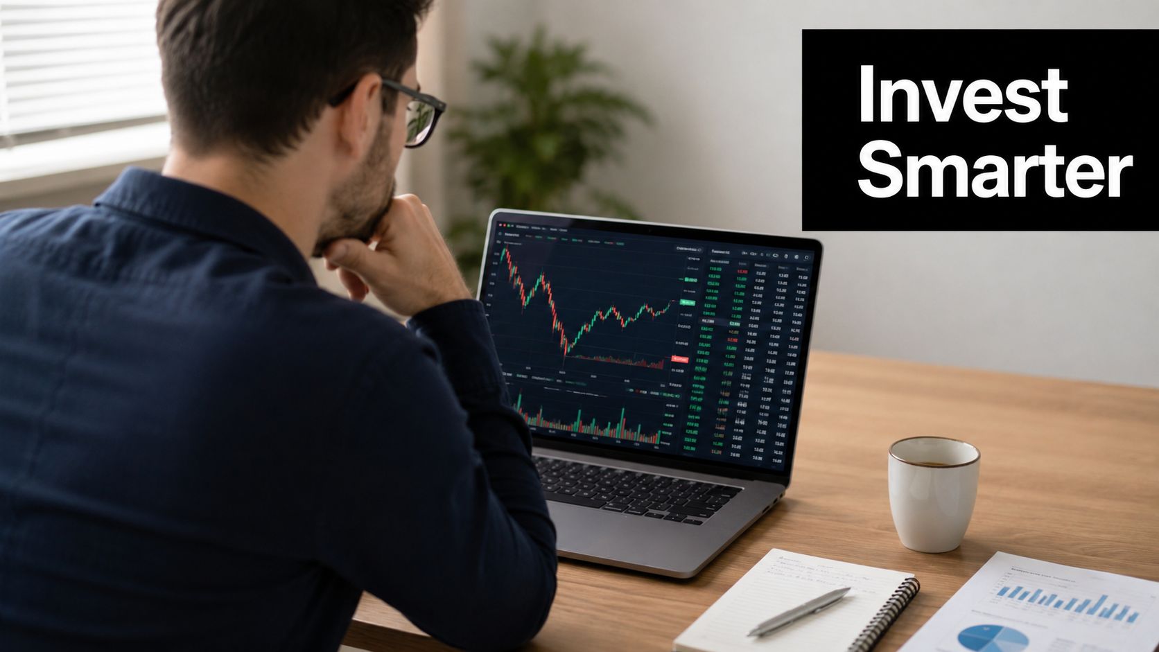 A man observing stock market charts on his laptop screen while sitting at a wooden desk.