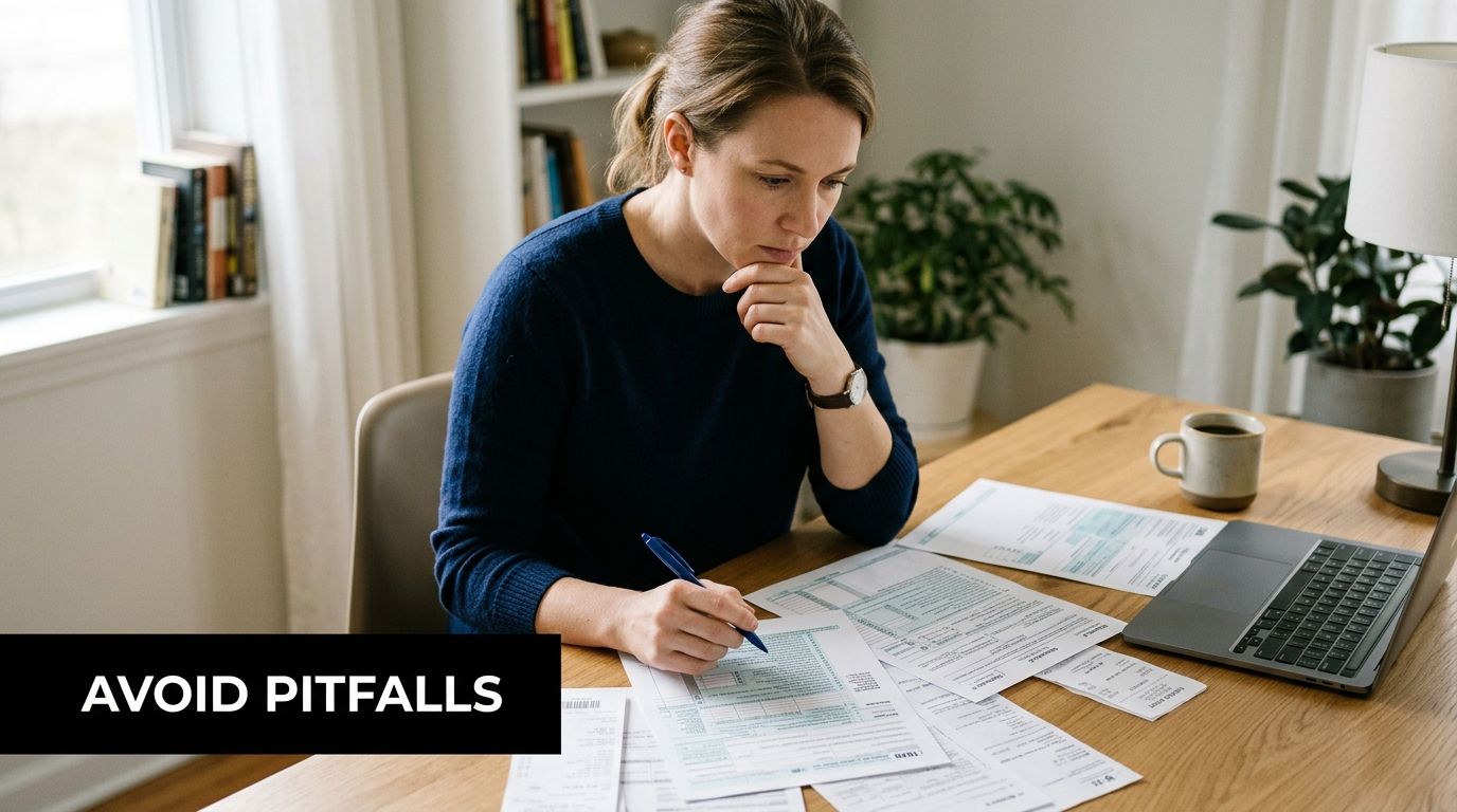 A woman reviewing tax documents while sitting at a wooden desk with a laptop and coffee.