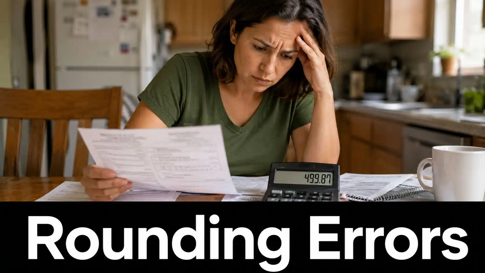 A woman looks stressed while sitting at a wooden table with financial documents and a calculator.