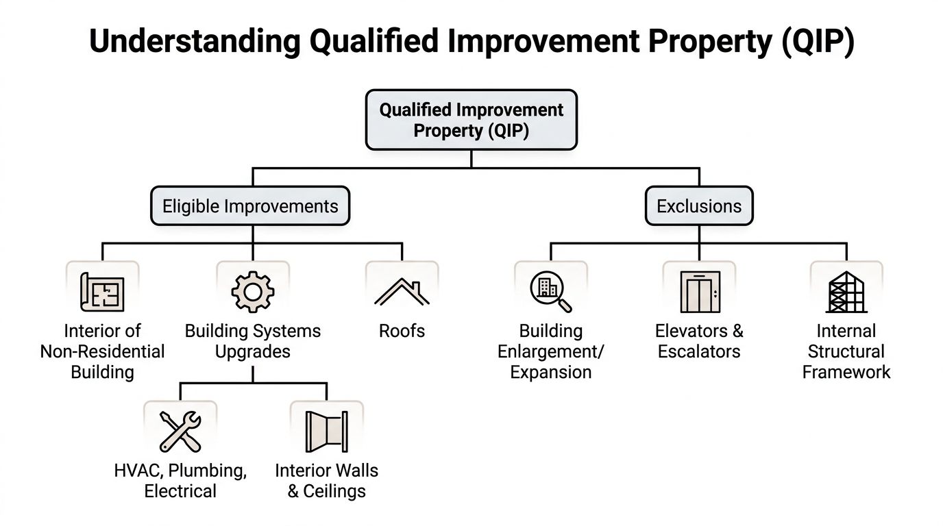 A diagram illustrating the inclusions and exclusions of Qualified Improvement Property for business tax purposes.