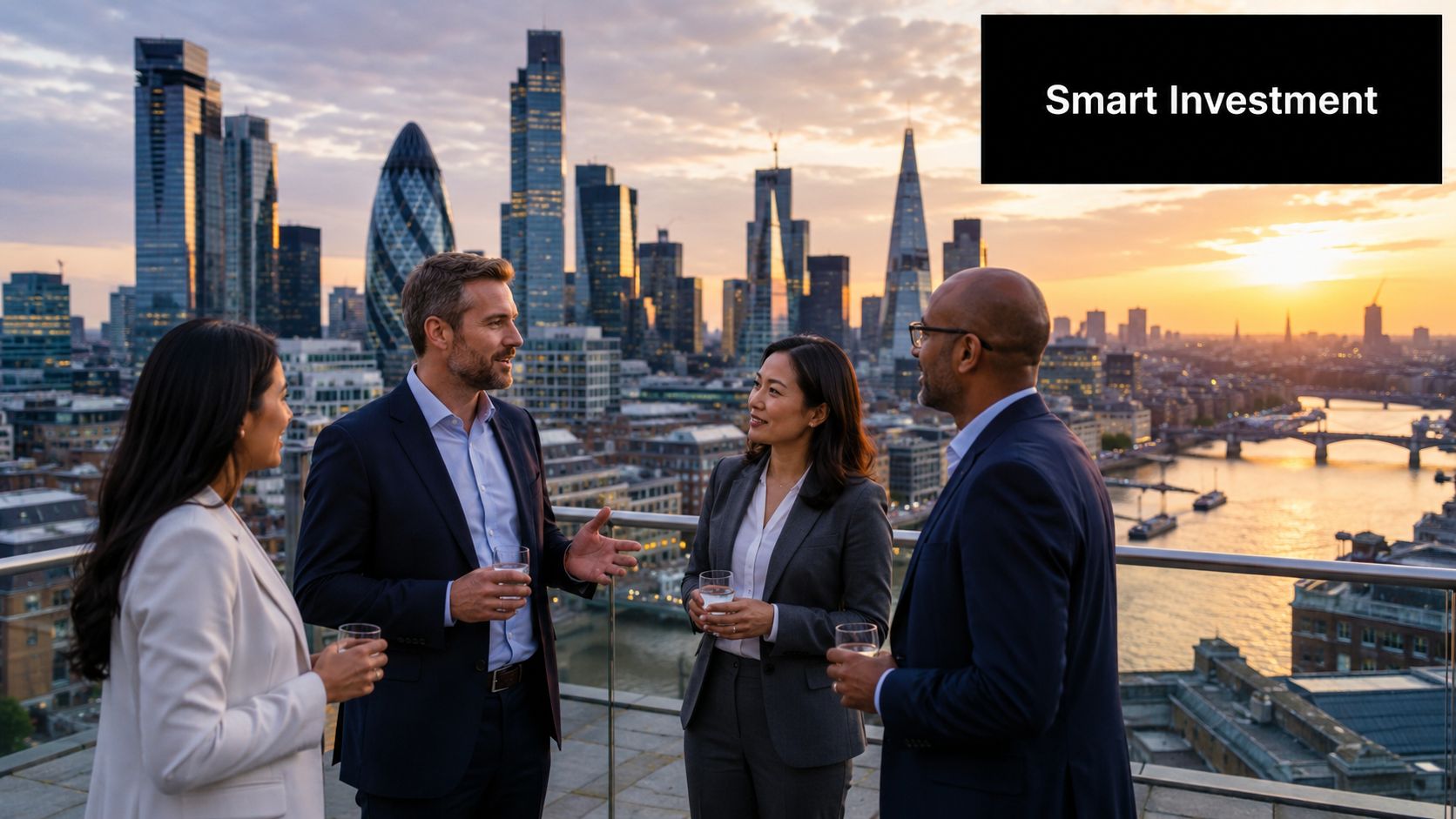 A professional group of diverse business colleagues networking on a city balcony at sunset.