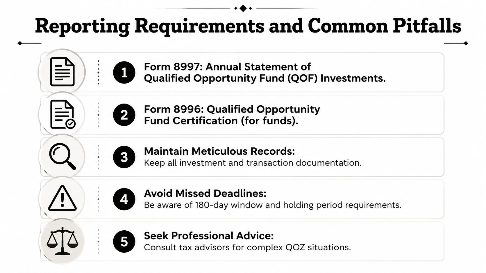 A list graphic outlining five essential reporting requirements and common pitfalls for Qualified Opportunity Fund investments.