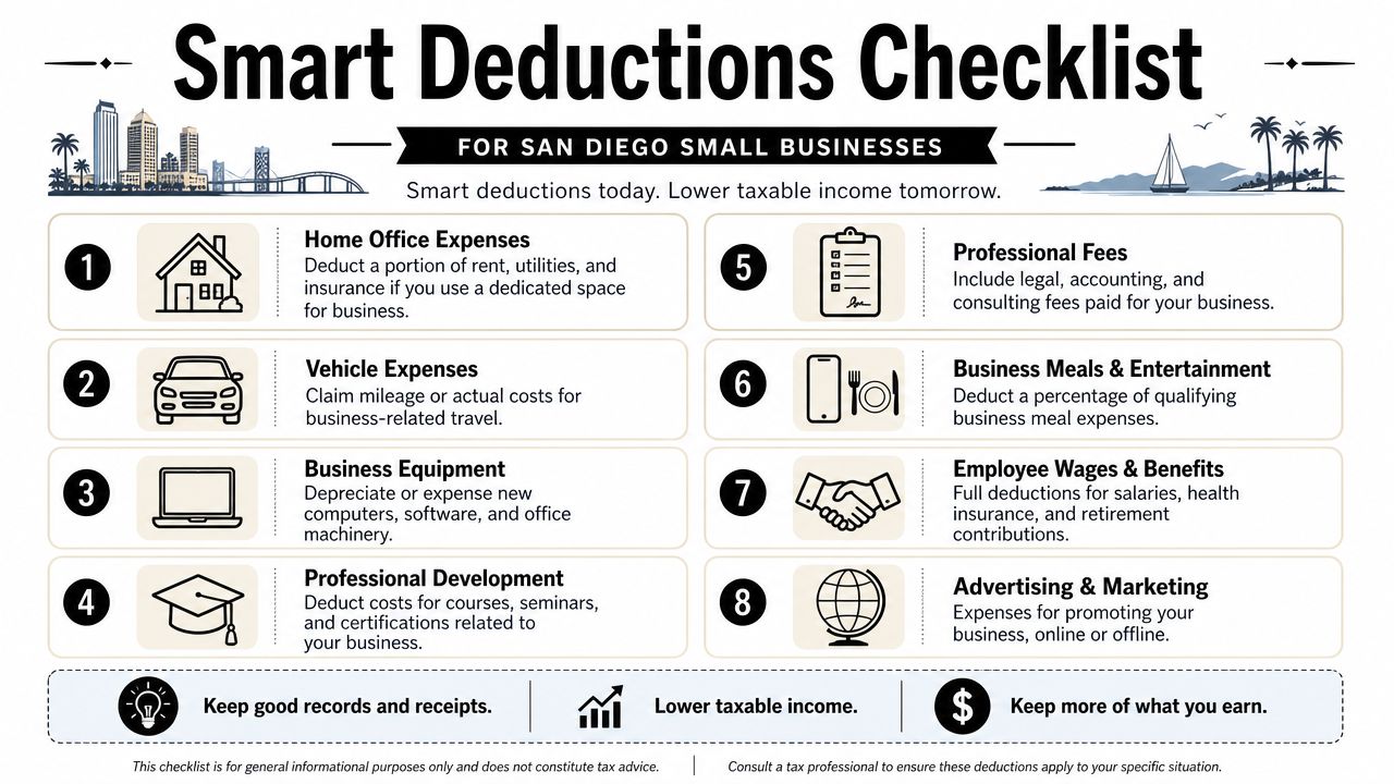 A checklist infographic providing eight essential tax deduction tips for small business owners in San Diego.