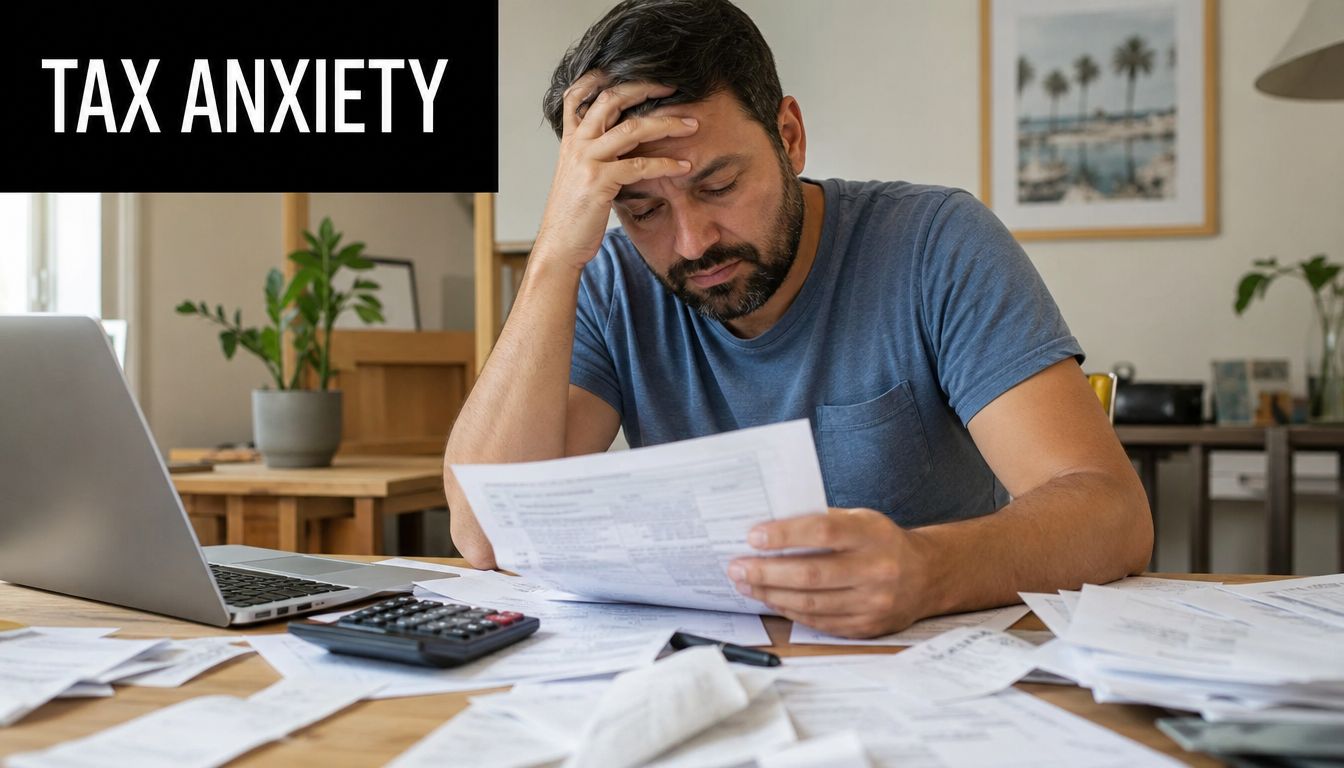A stressed man sitting at a desk covered in paperwork while reviewing financial tax documents at home.