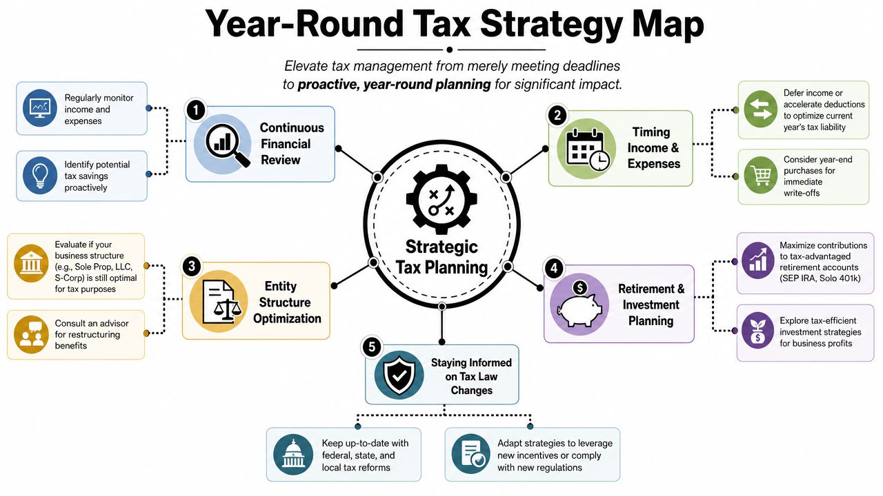 A year-round tax strategy map for small businesses featuring proactive financial planning and tax optimization tips.