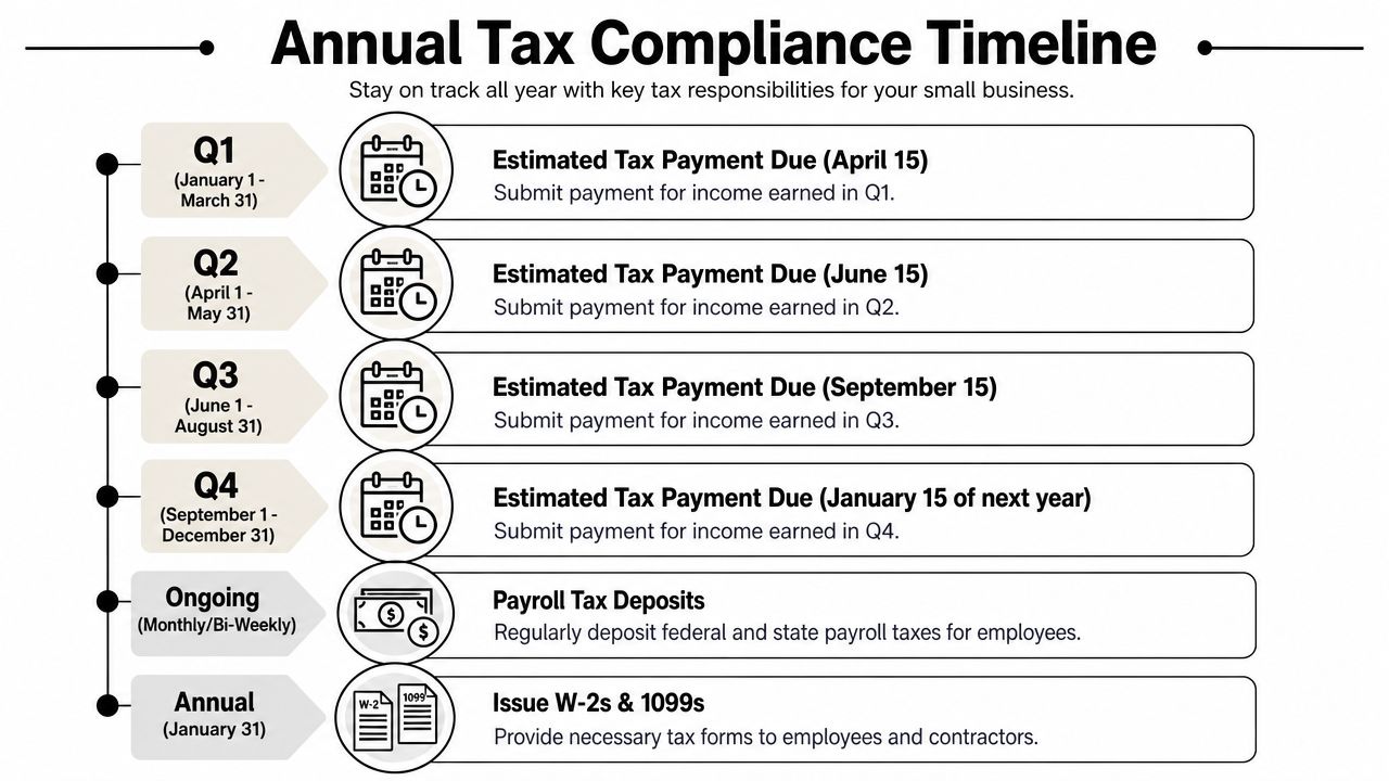 Annual tax compliance timeline for small businesses showing estimated tax payments, payroll deposits, and W-2 issuance dates.