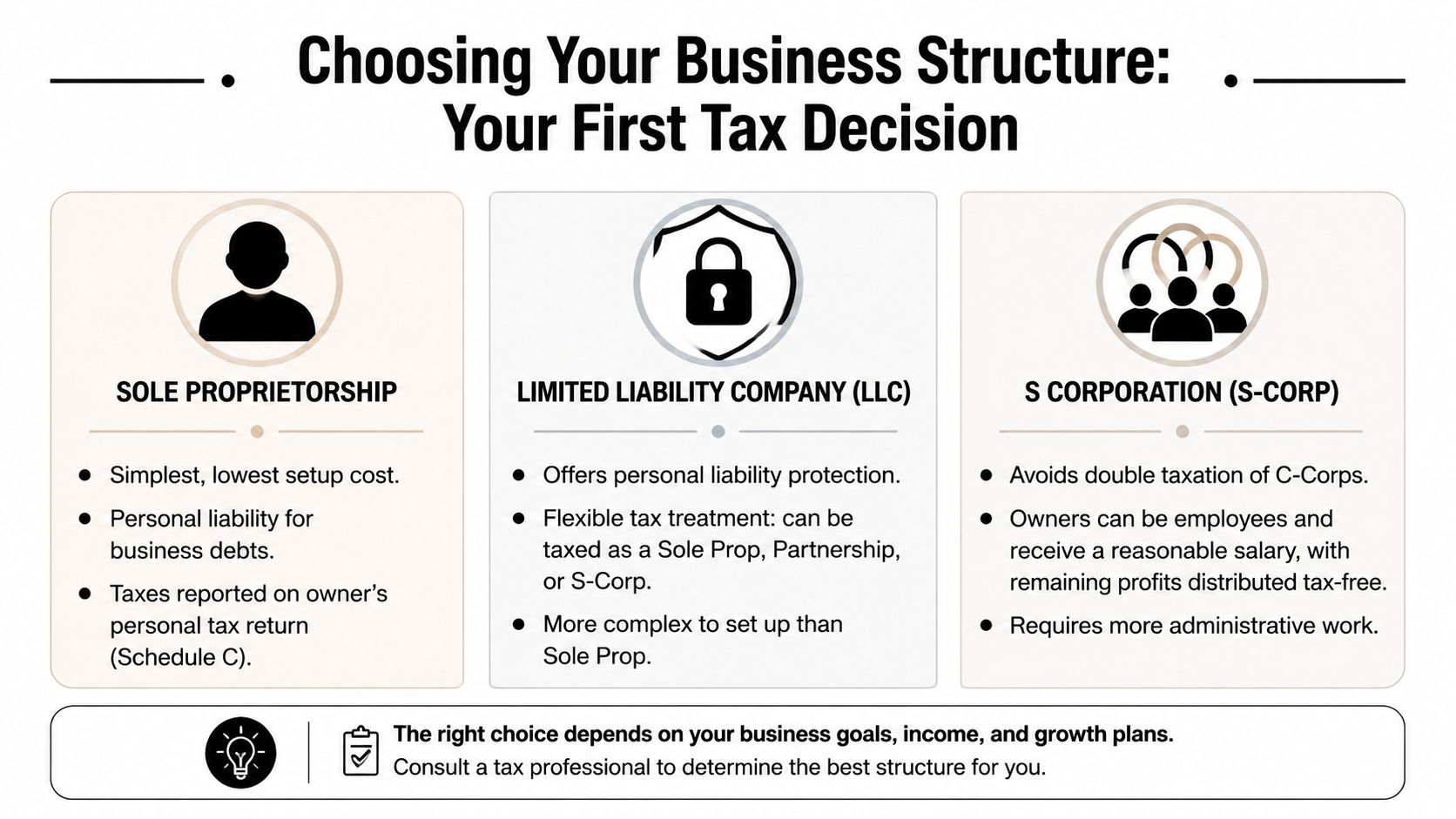 An infographic titled Choosing Your Business Structure comparing Sole Proprietorship, LLC, and S Corporation tax options.