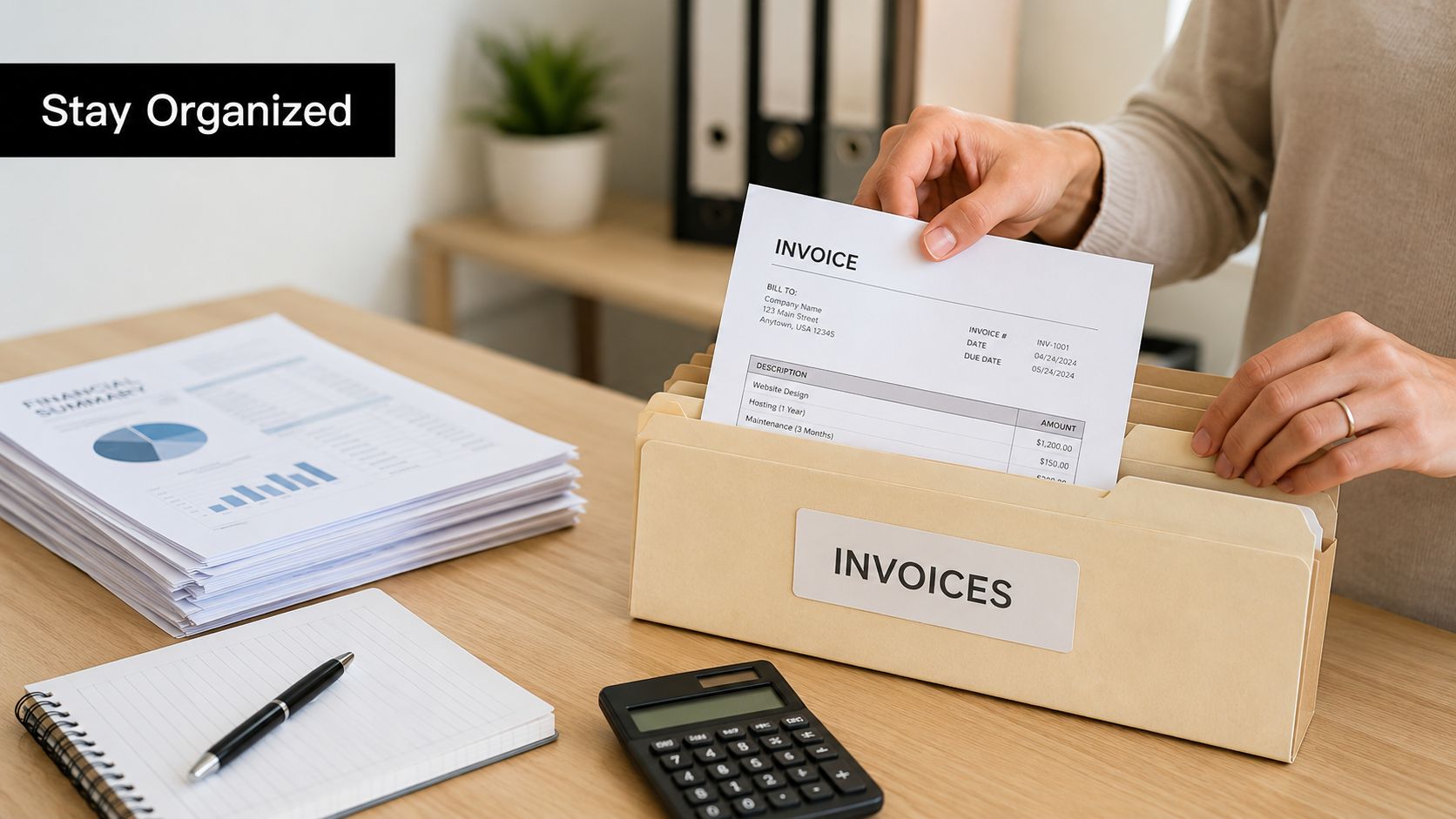 A person organizes business documents into a file folder labeled Invoices while sitting at a desk.