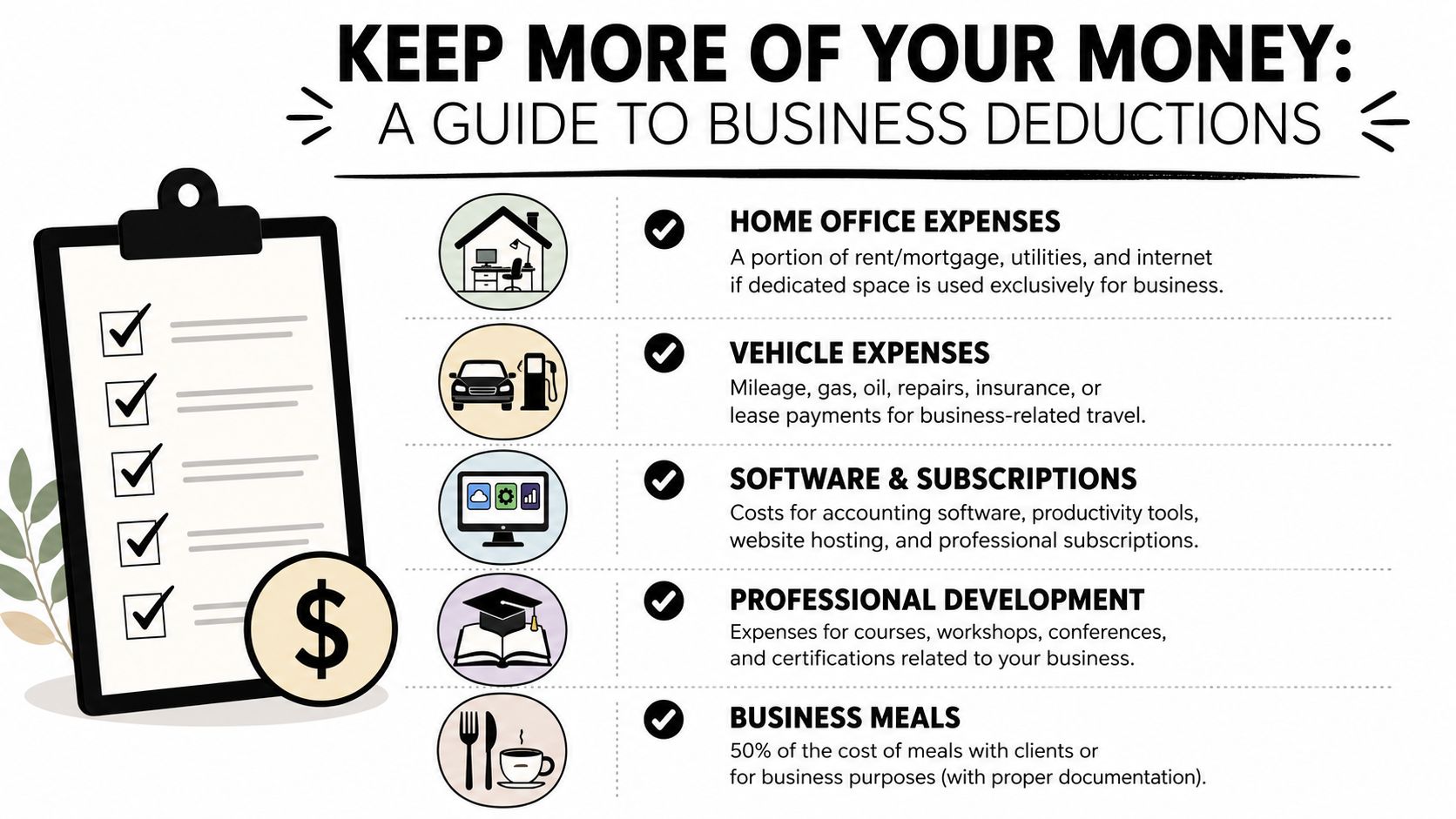 An infographic titled Keep More of Your Money, detailing five common business tax deductions.