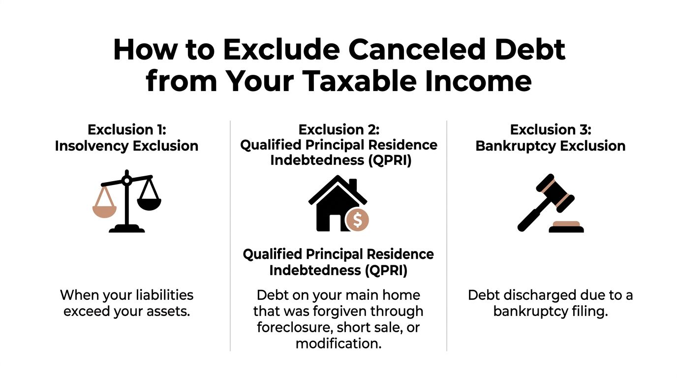 A graphic explaining three common ways to exclude canceled debt from taxable income including insolvency, QPRI, and bankruptcy.
