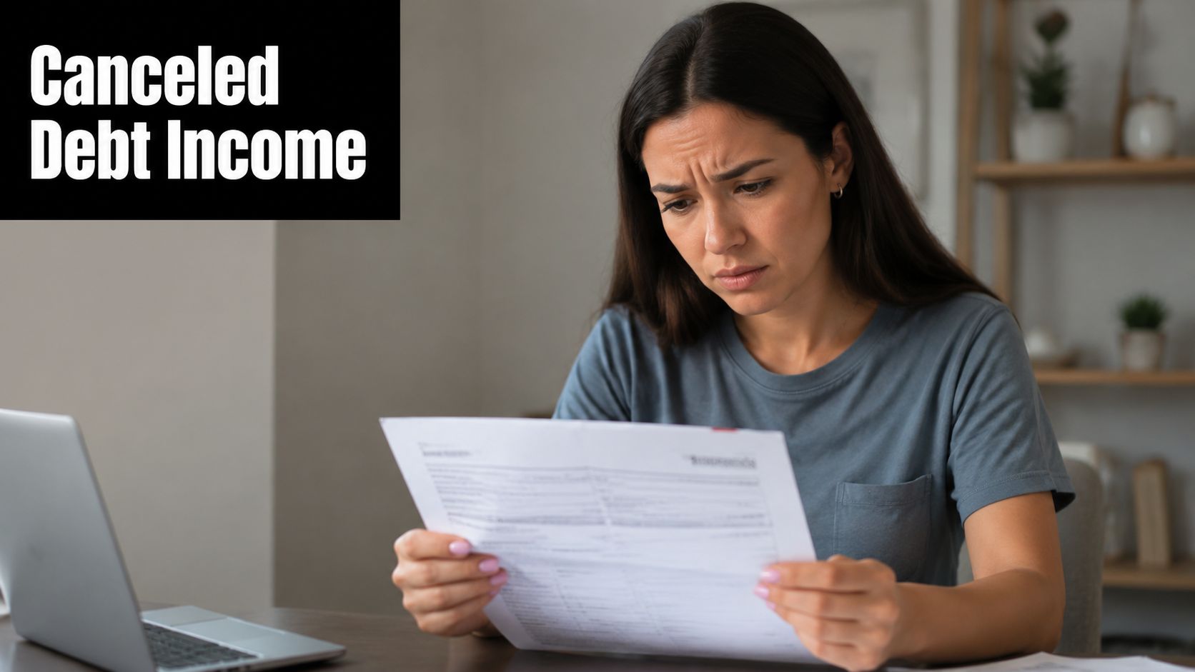 A concerned young woman reading financial documents regarding taxes on a foreclosed home while using a laptop.