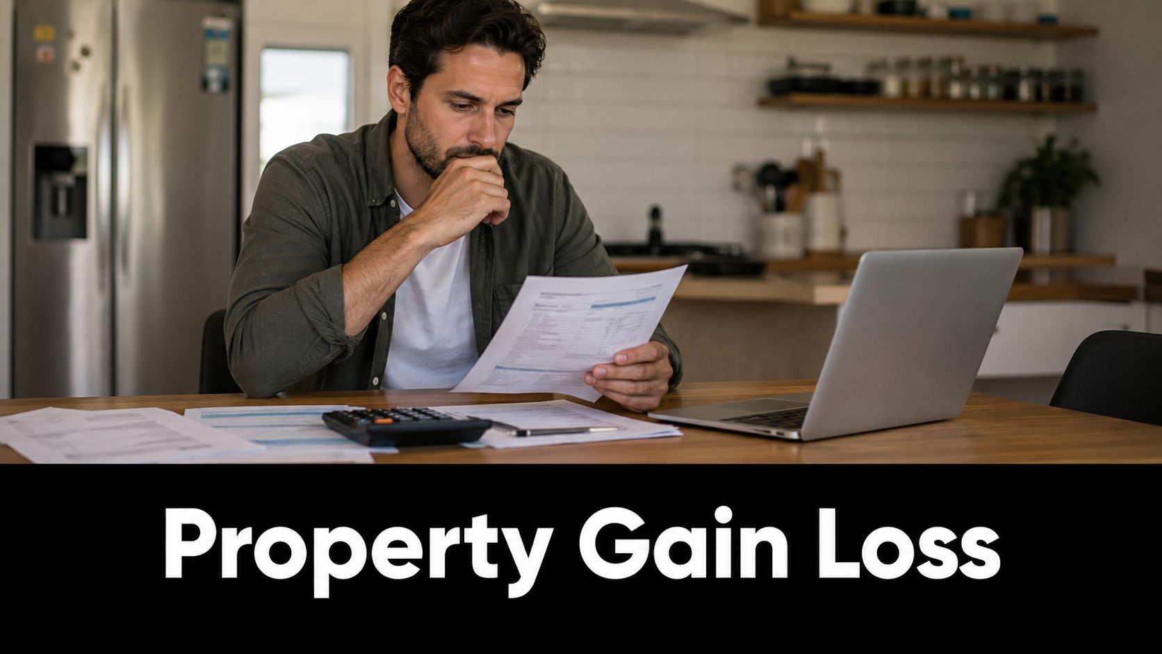 A man sits at a table reviewing financial documents and a laptop, calculating property gain or loss.
