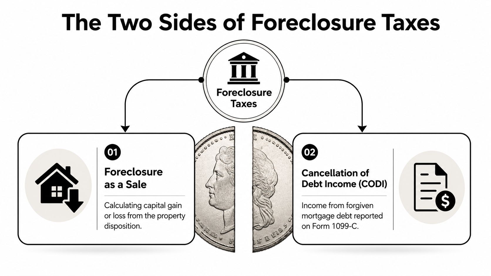 A diagram explaining the two tax aspects of a home foreclosure: capital gain or loss and cancellation of debt.