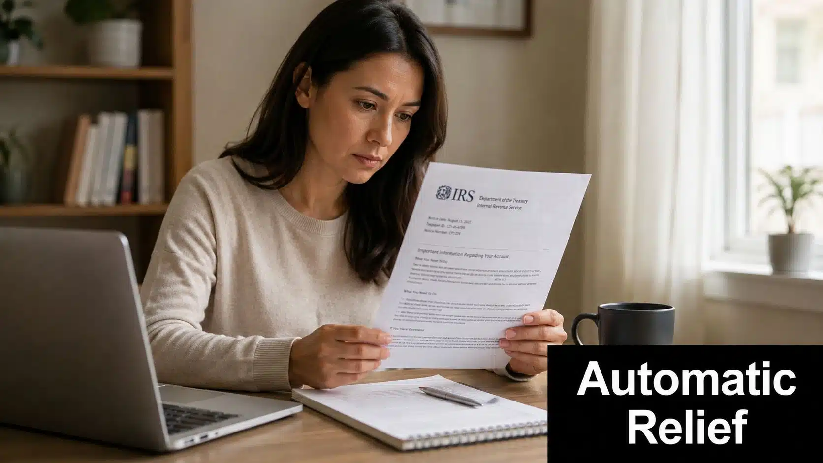 A woman looks concerned while reviewing an official IRS document at a desk with a laptop.