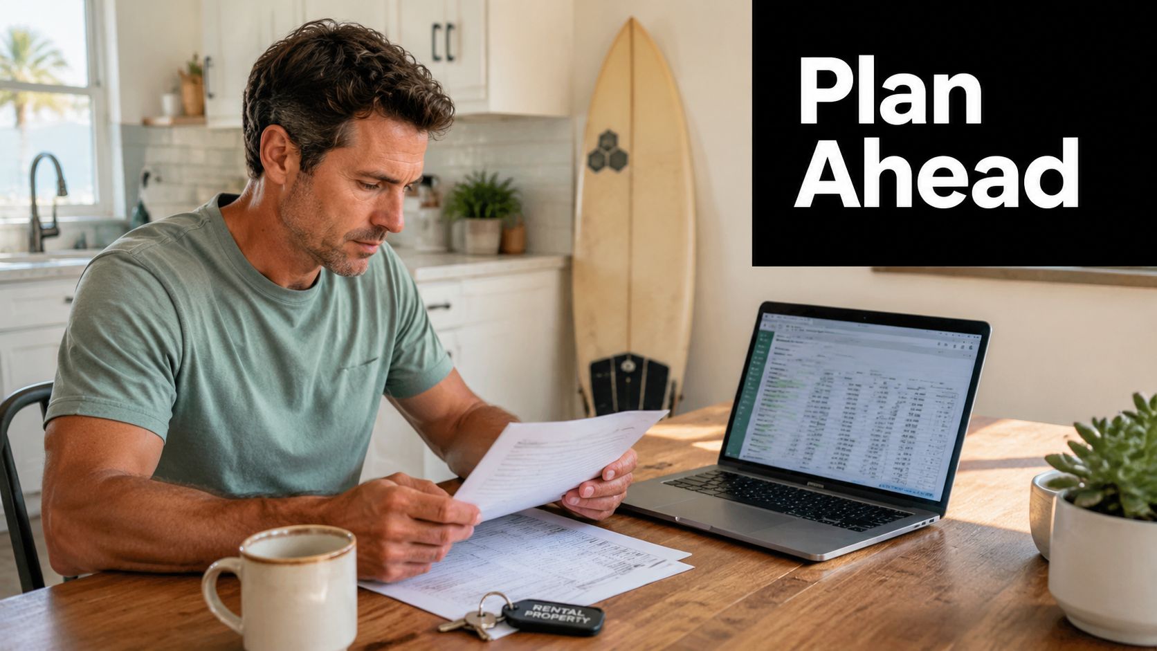 A man reviewing financial documents and property rental paperwork while working on a laptop at a table.
