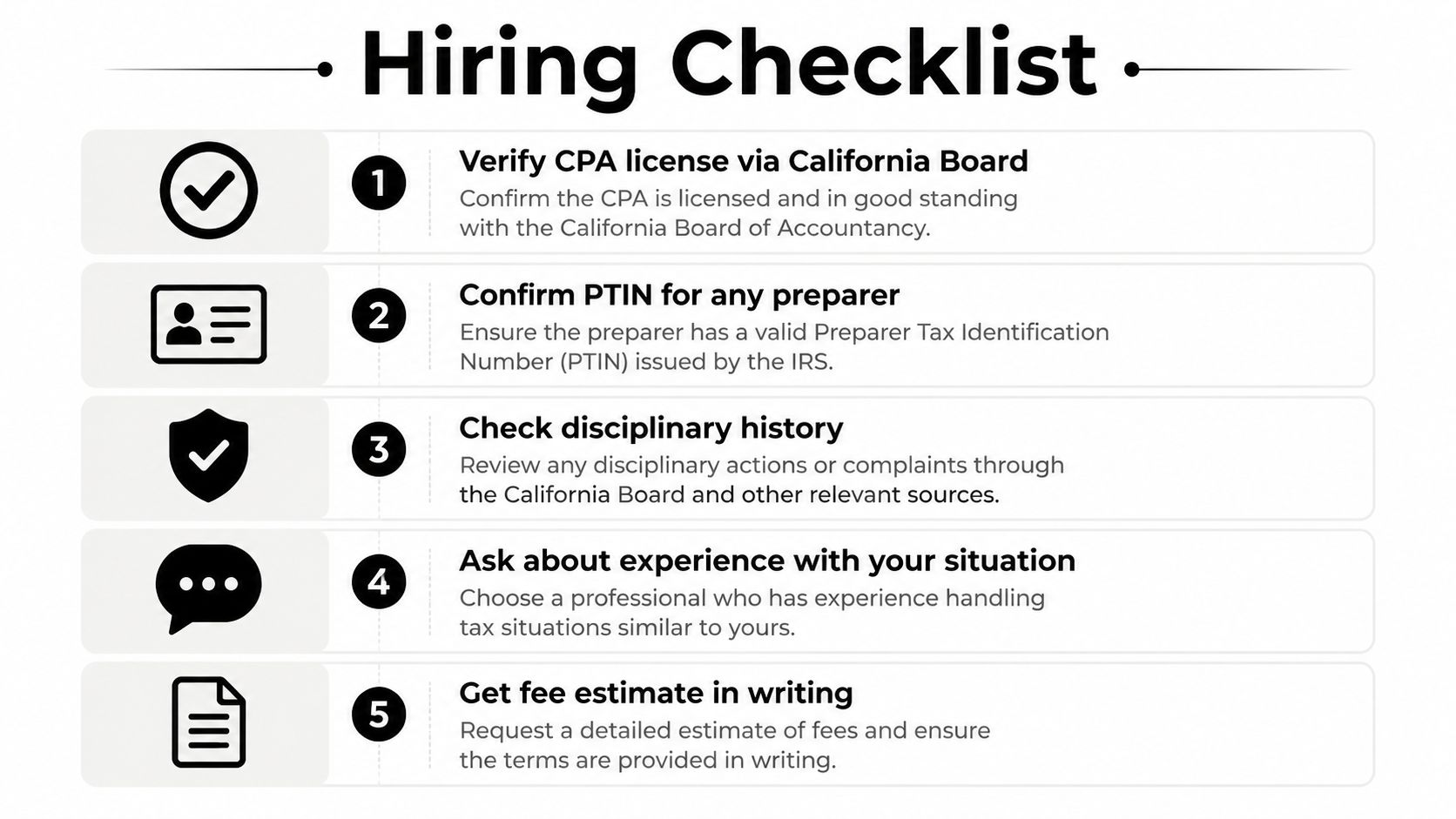 A five-step checklist for hiring a professional tax preparer, detailing steps like license verification and fee transparency.