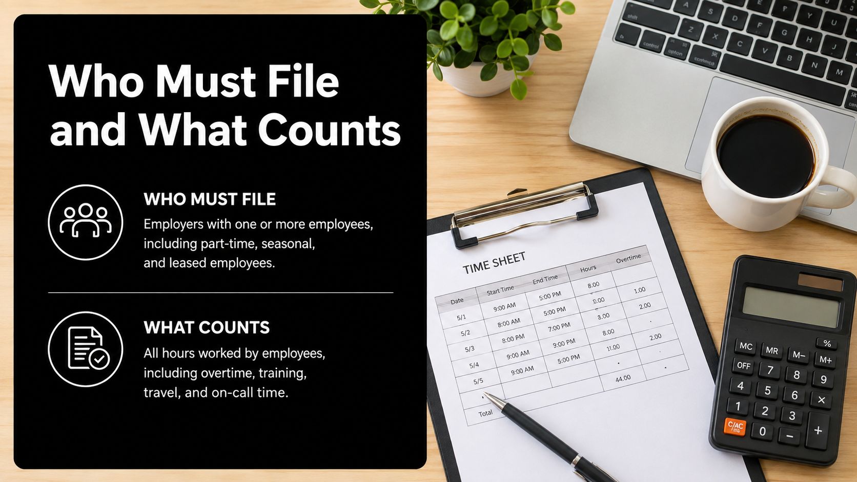 An infographic titled Who Must File and What Counts next to a time sheet and calculator.