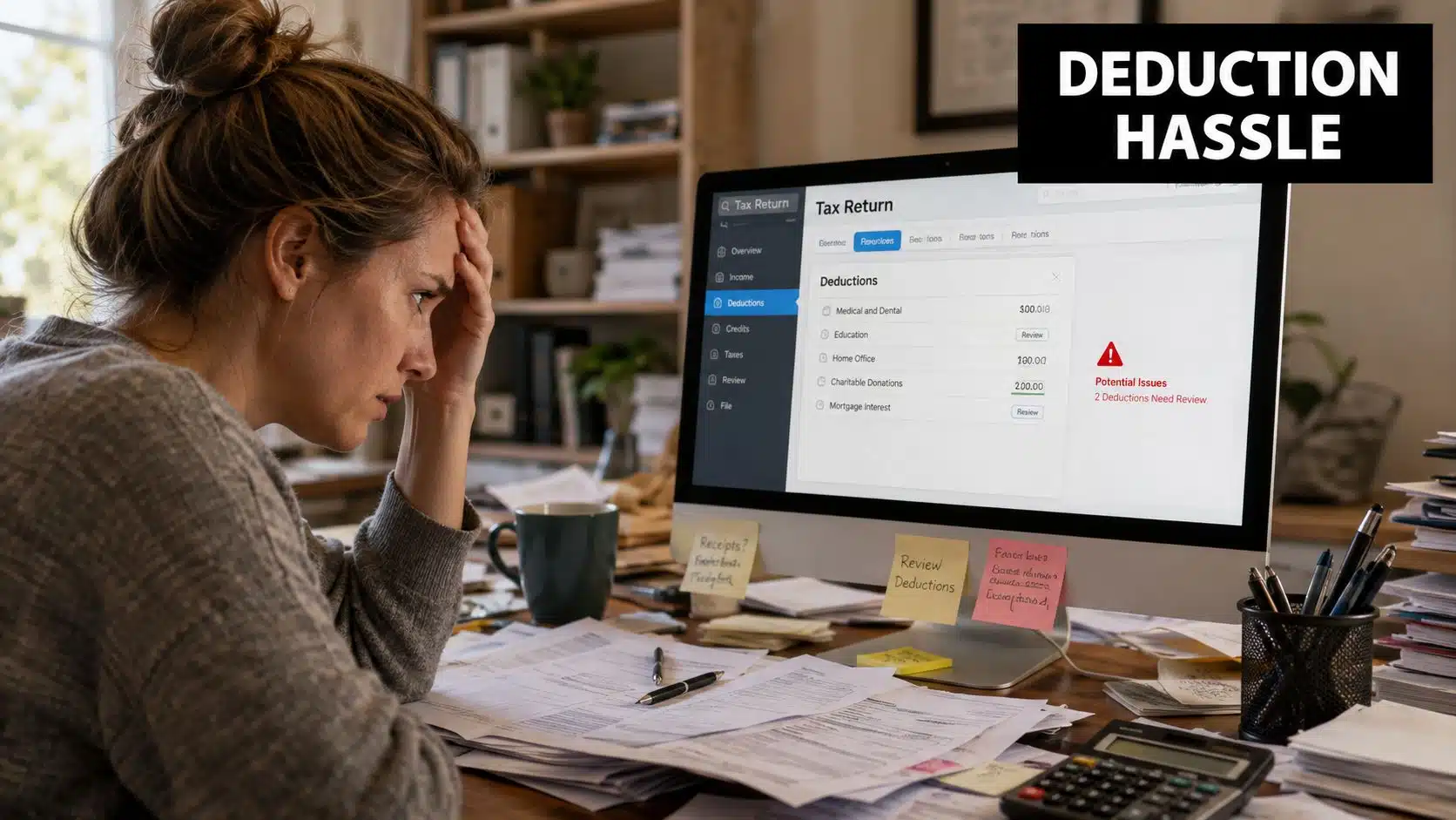 A stressed woman working at her desk while reviewing complex tax return deductions on her computer screen.