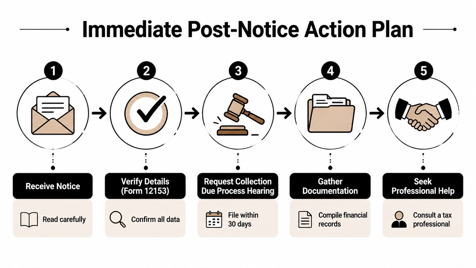 A five-step flowchart illustrating the Immediate Post-Notice Action Plan for responding to a tax levy notice.