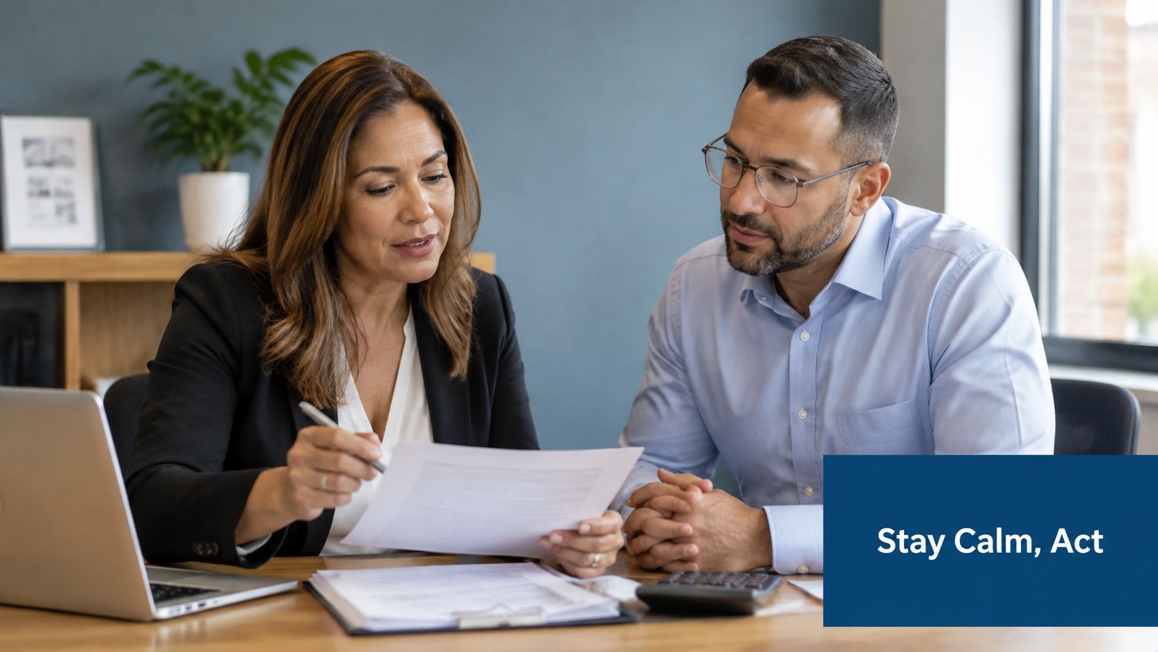 A professional woman in a blazer reviews a document with a man in an office setting.