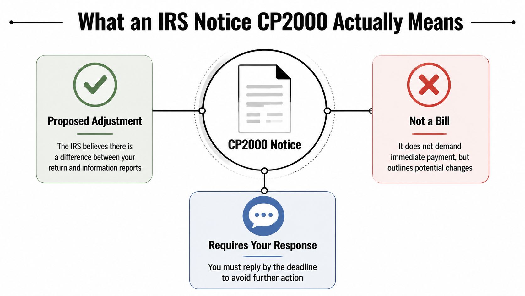 An infographic explaining that an IRS Notice CP2000 represents a proposed tax adjustment and requires a response.
