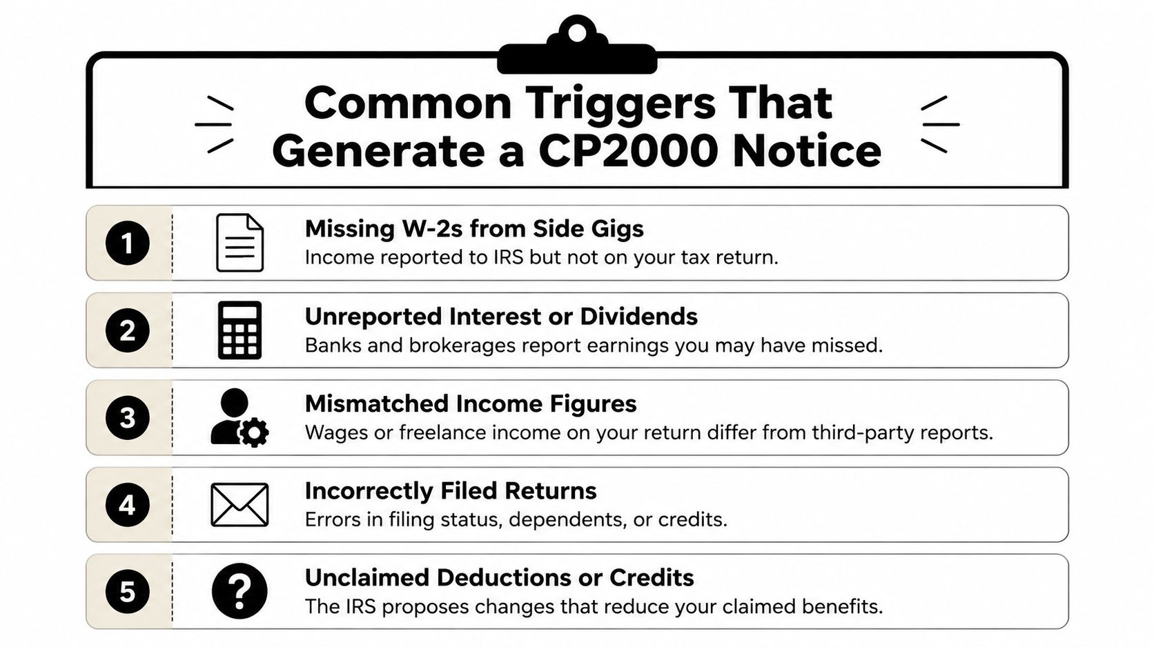 A clipboard infographic listing five common reasons that trigger an IRS CP2000 notice for taxpayers.
