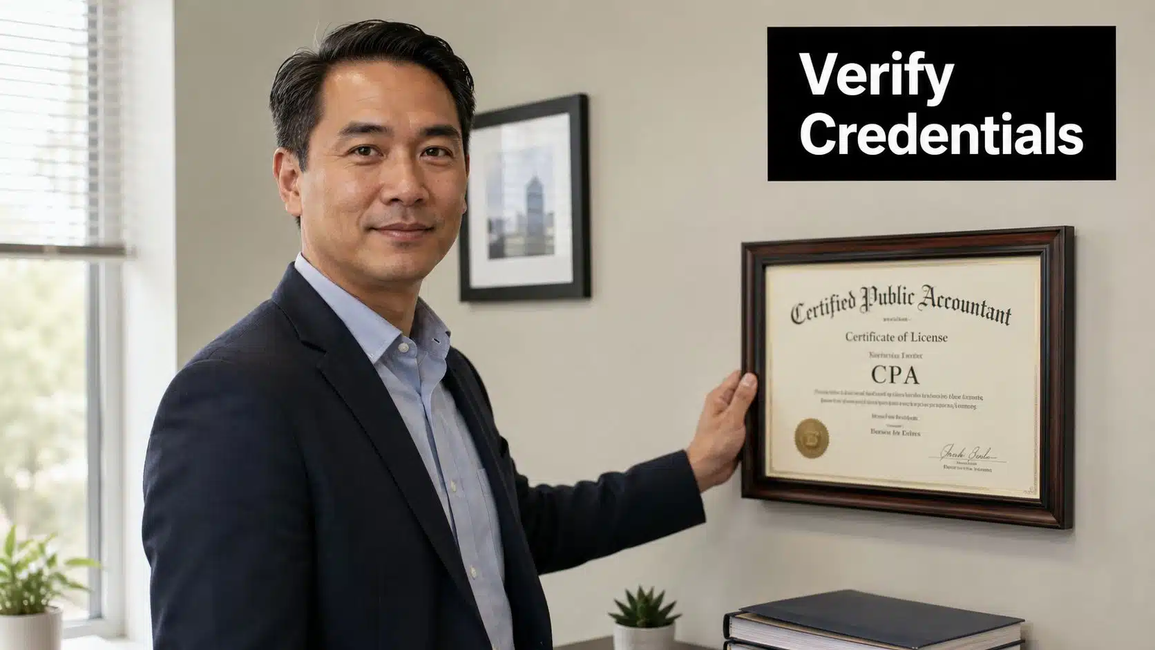A professional Certified Public Accountant standing in his office holding a framed professional license on the wall.