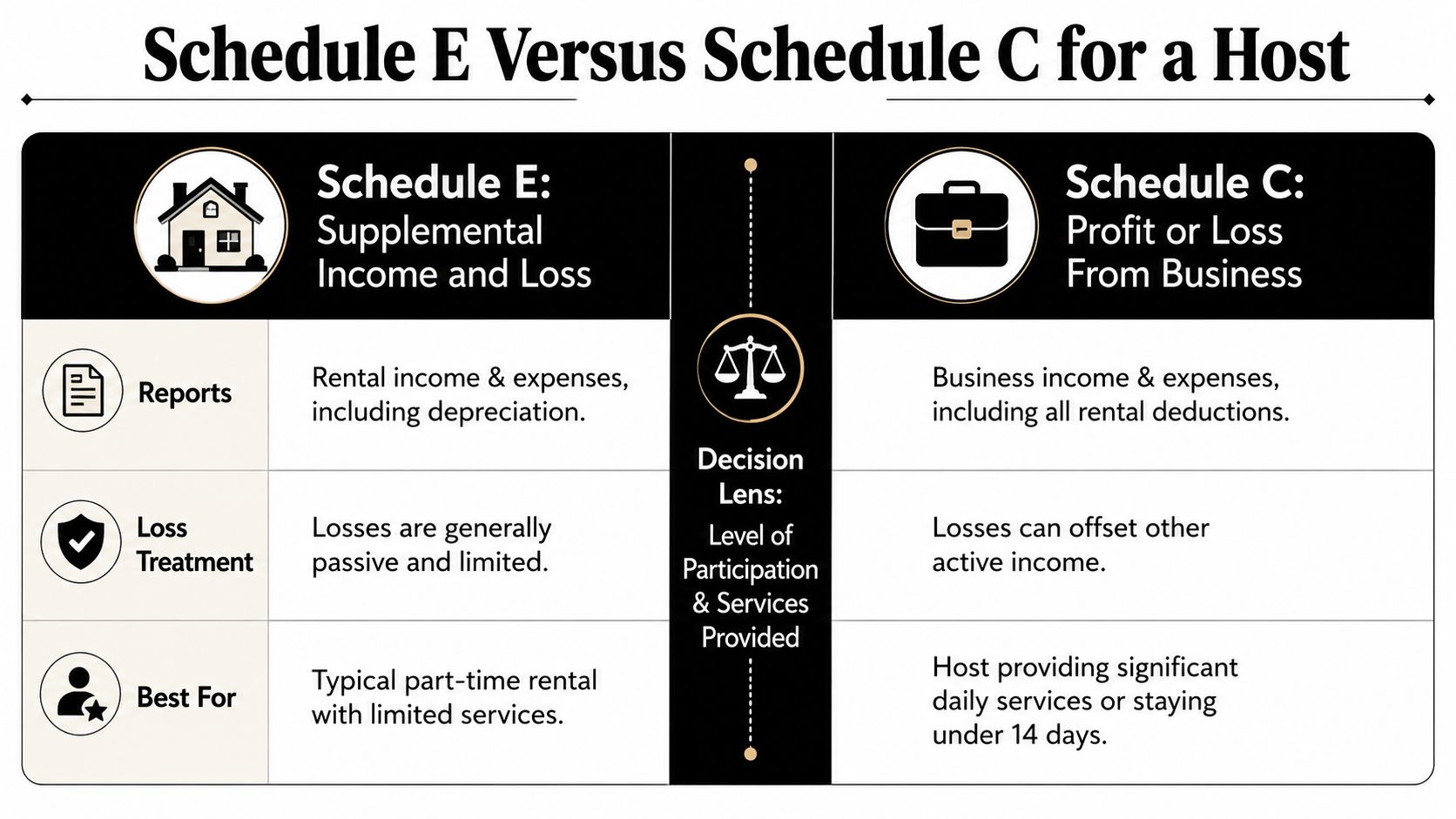 A comparison chart outlining differences between IRS Schedule E and Schedule C tax forms for hosts.