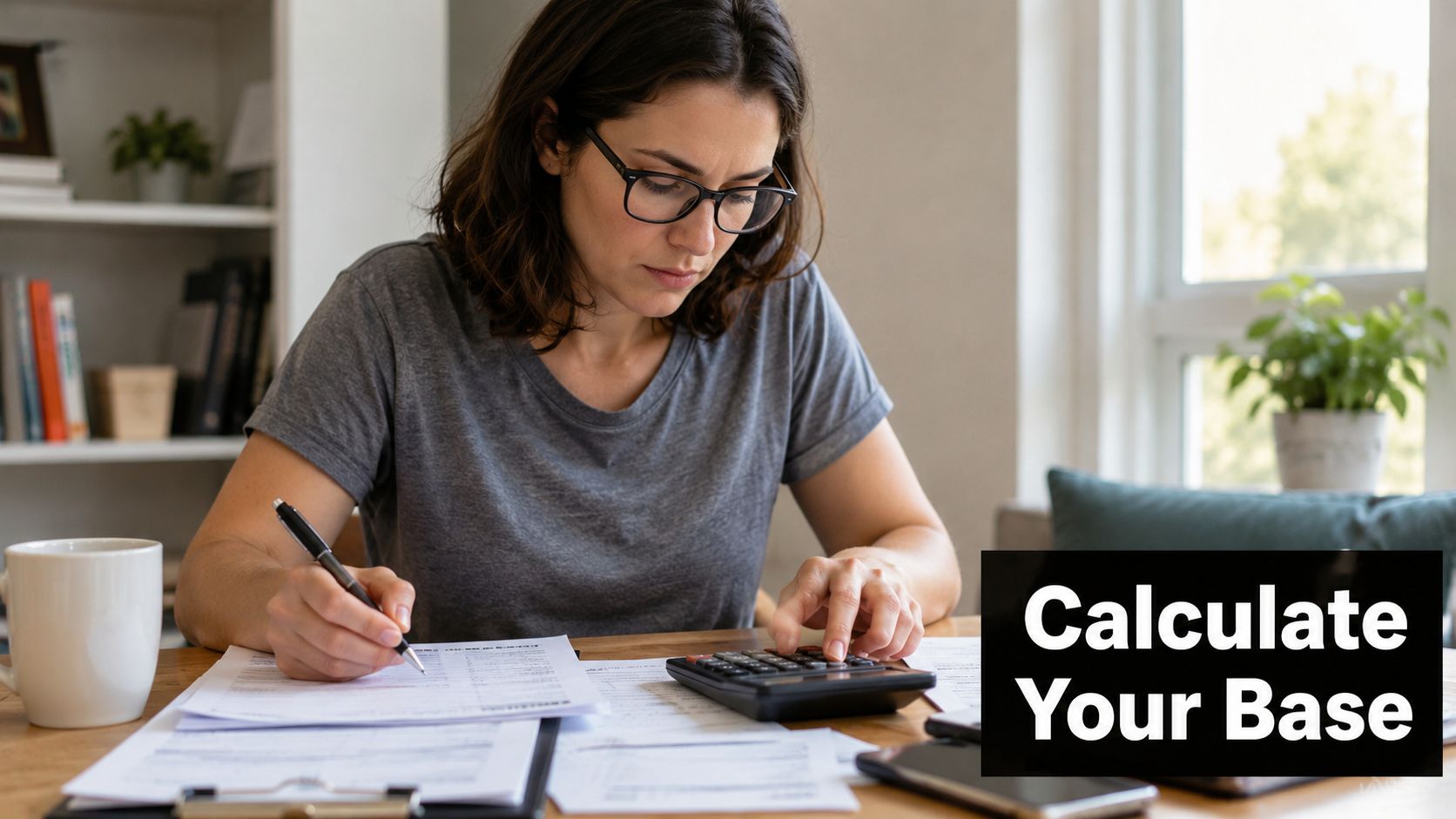 A woman working at a wooden desk with a calculator and tax forms to calculate her base.