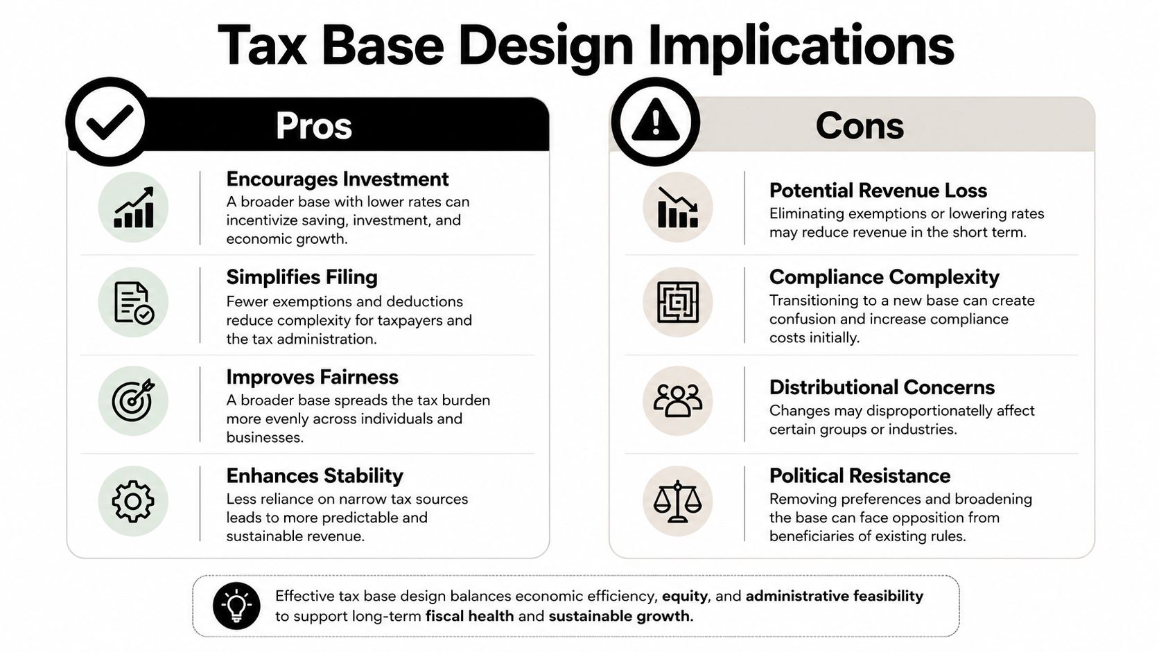 An infographic titled Tax Base Design Implications comparing the pros and cons of tax base strategies.