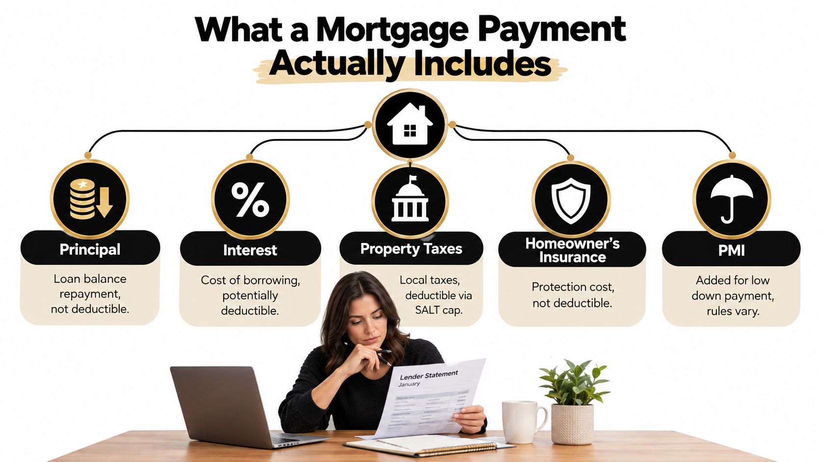 A woman reviewing a lender statement with an infographic explaining the components of a mortgage payment.