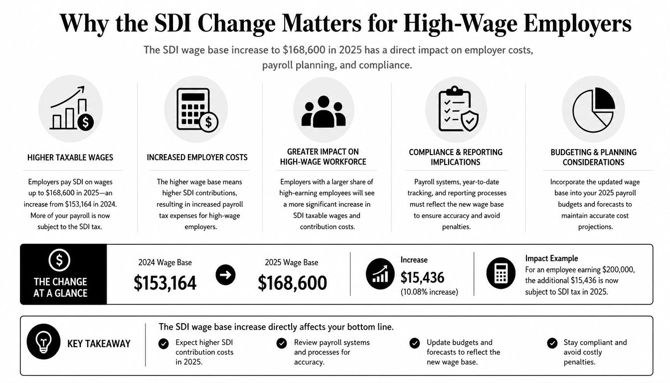 An infographic showing the 2025 California SDI wage base increase to 168,600 dollars and its financial impact.
