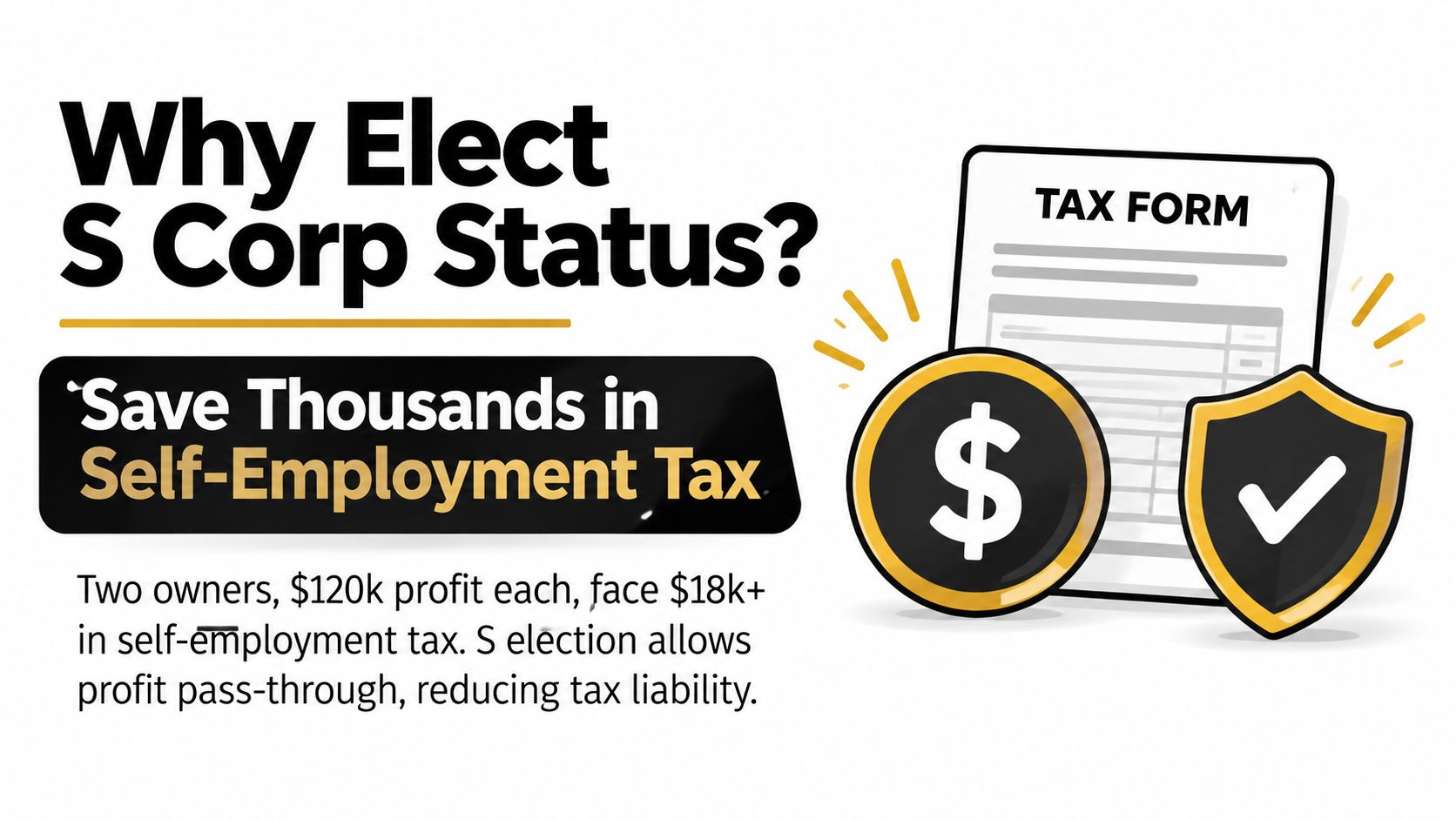 An infographic explaining that electing S Corp status can help business owners save thousands in self-employment taxes.