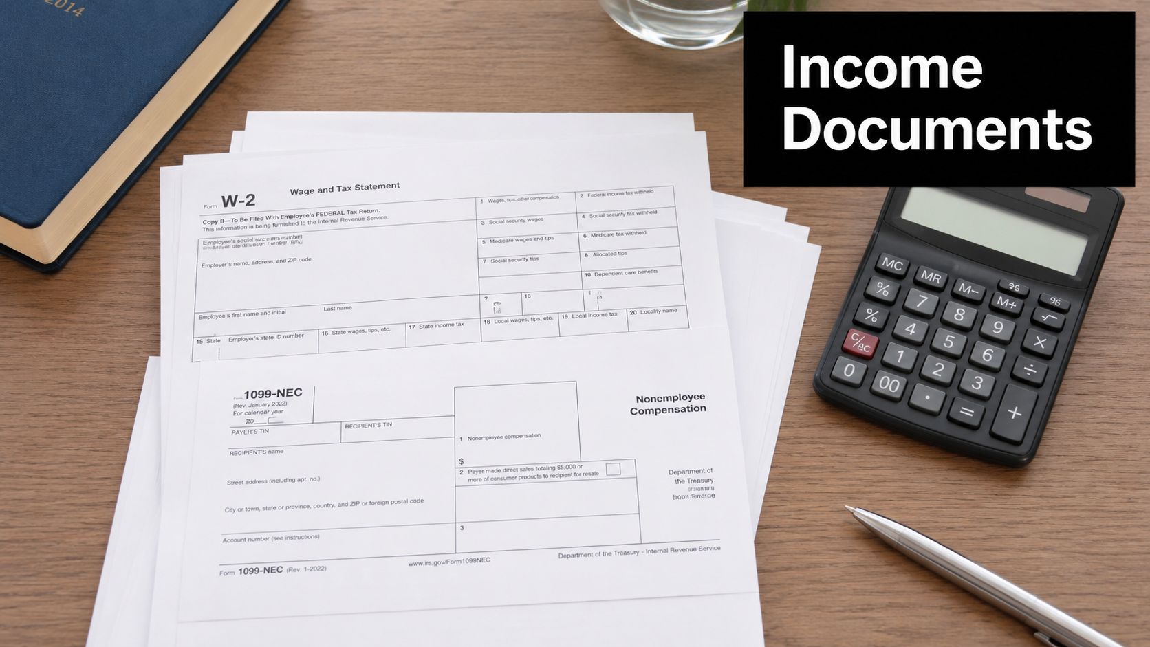 Blank W-2 and 1099-NEC tax forms, a calculator, and a pen on a desk.