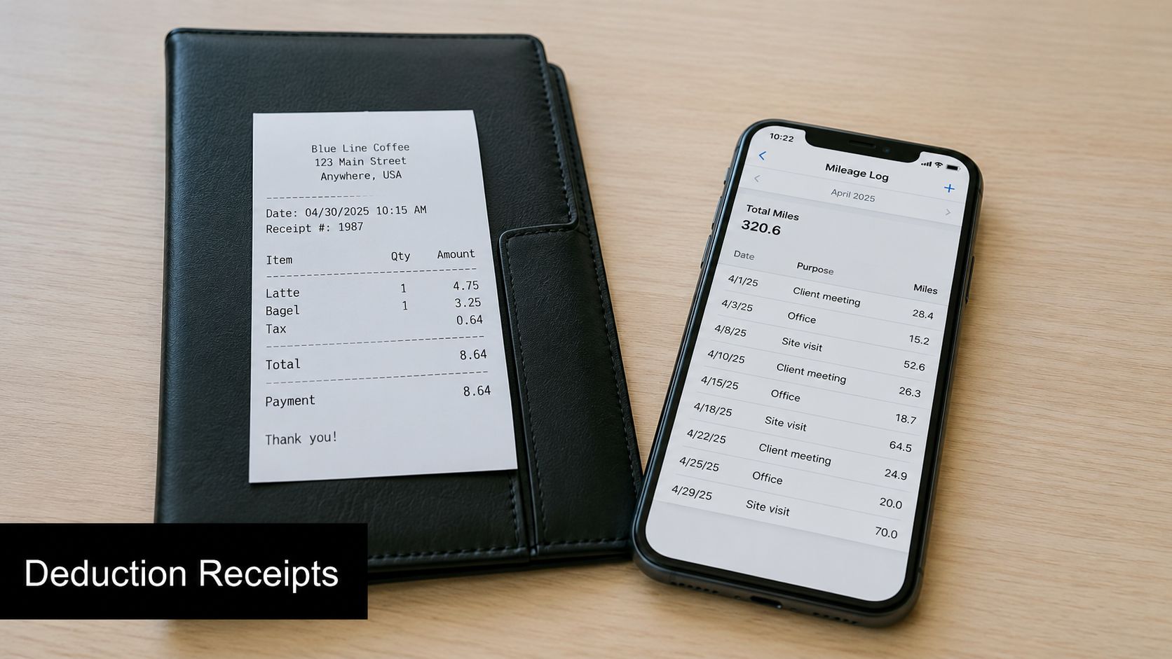 A receipt from a coffee shop beside a smartphone displaying a mileage log for tax records.