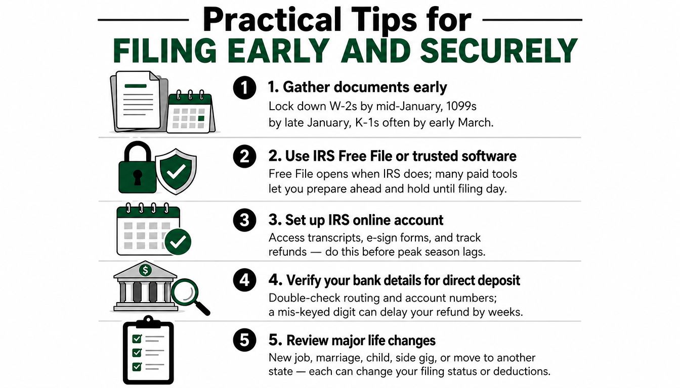 A helpful infographic showing five practical tips for filing taxes early and securely for the upcoming season.